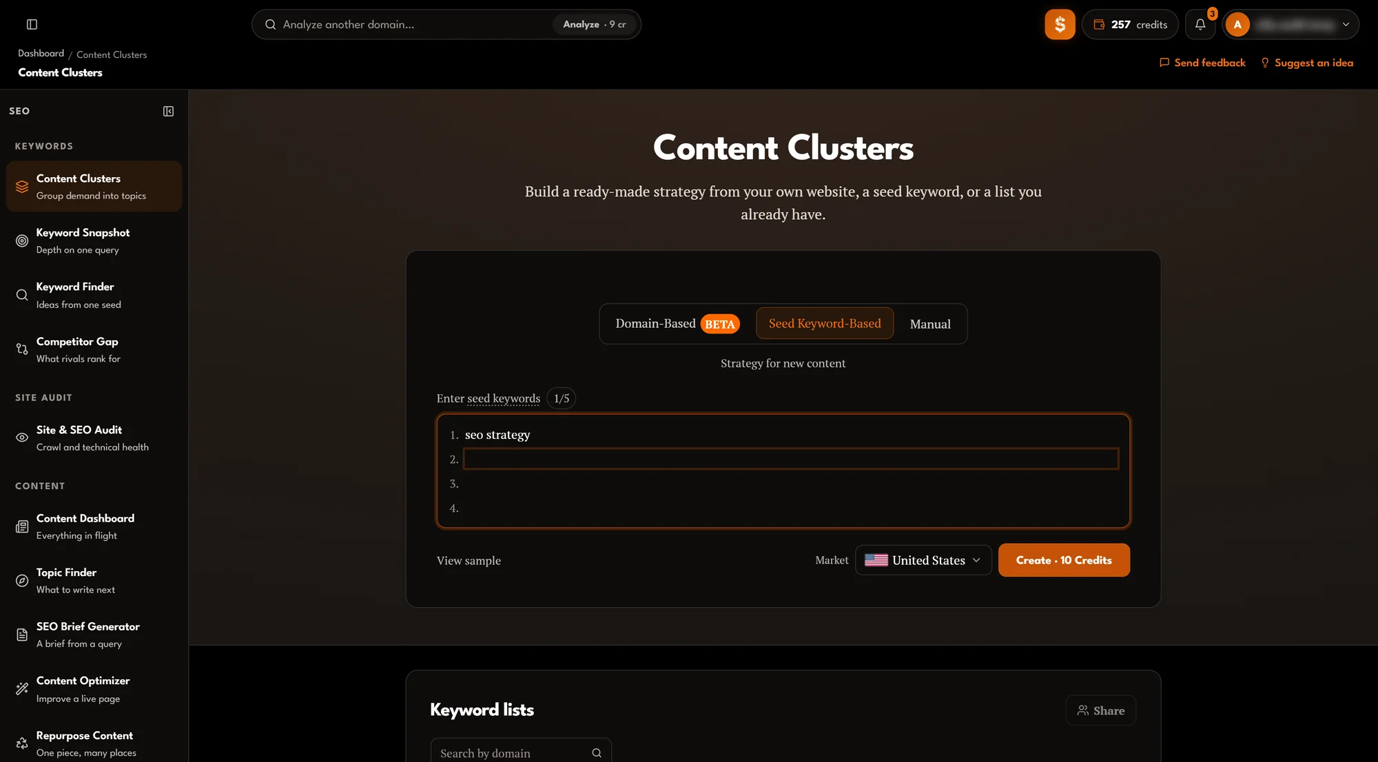 Content Clusters start screen with domain-based, seed keyword and manual modes, a seed entered, market selector and the Create button priced at 10 credits.