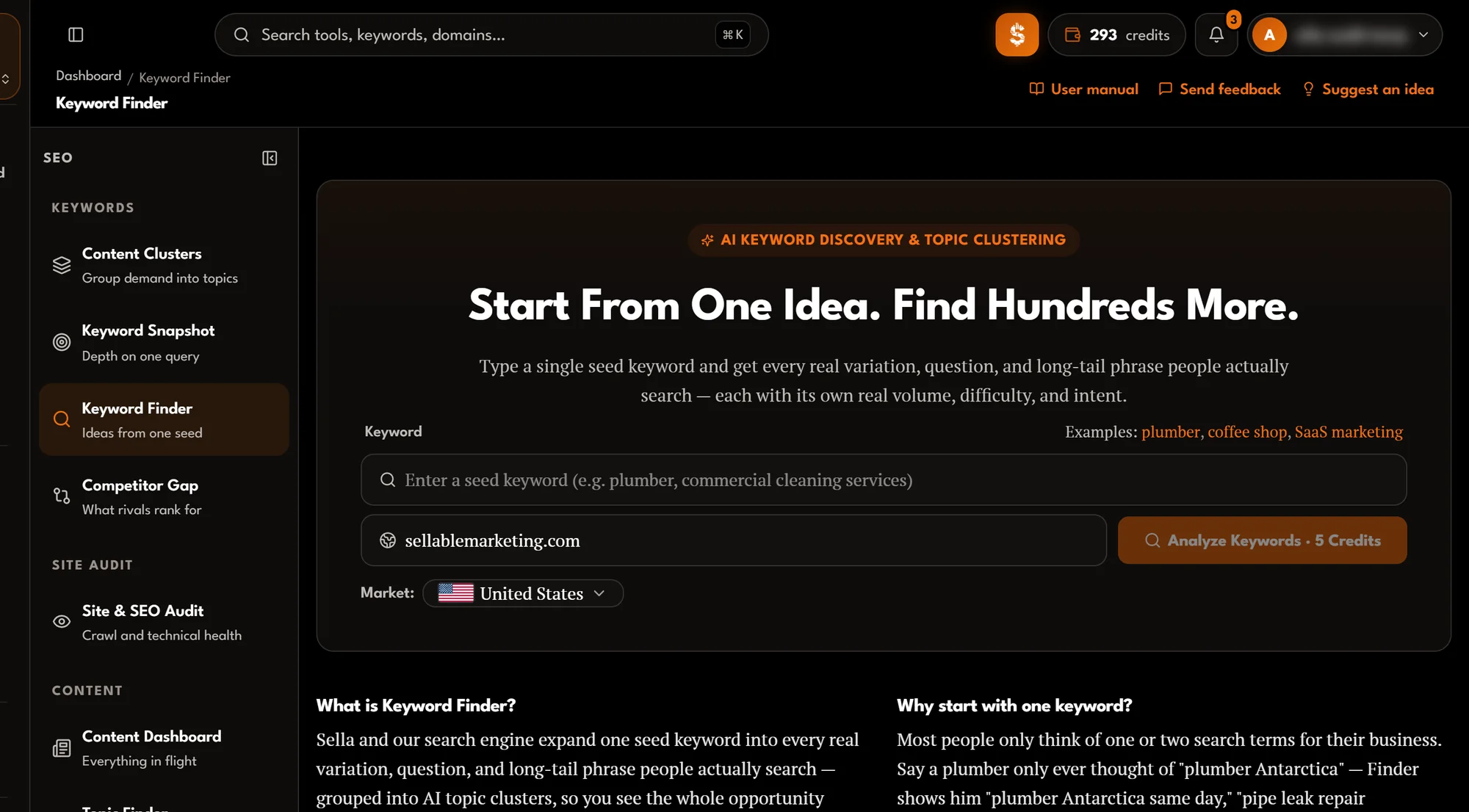 Keyword Finder search form with seed keyword, domain and market, the Analyze Keywords button priced at 5 credits, and recent reports that re-open free.