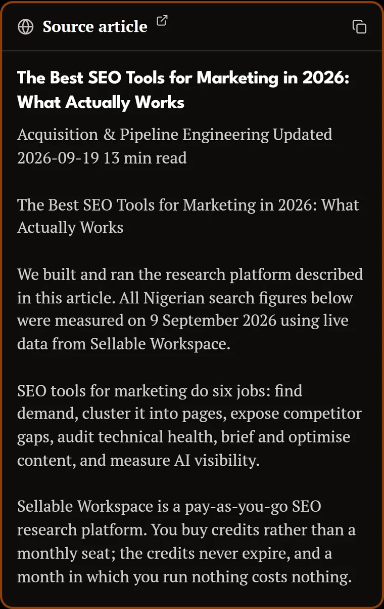 The source article card on the Repurpose board: “The Best SEO Tools for Marketing in 2026: What Actually Works”, with its opening paragraphs.
