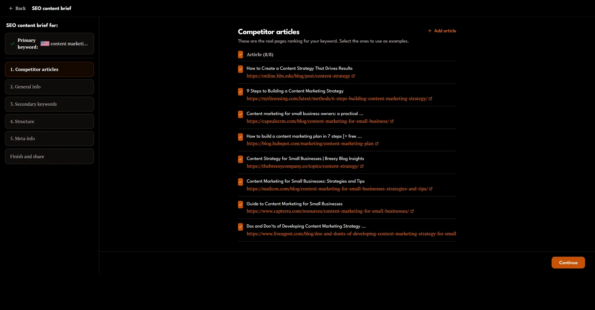 SEO brief step 1, Competitor articles: the eight pages ranking for the search, selectable as examples.
