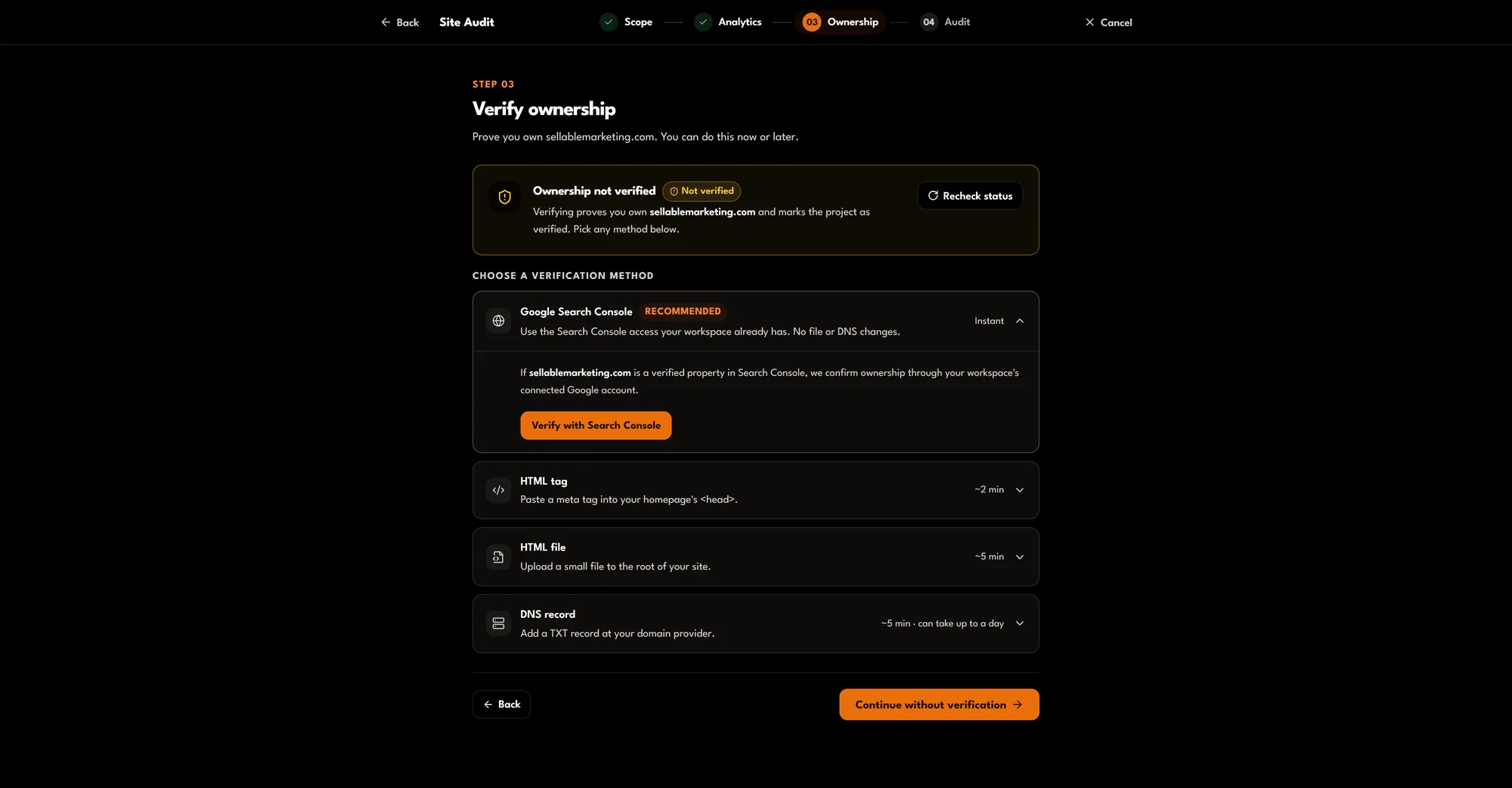 Site Audit setup step 3, Ownership: verify with Search Console, an HTML tag, an HTML file or a DNS record.
