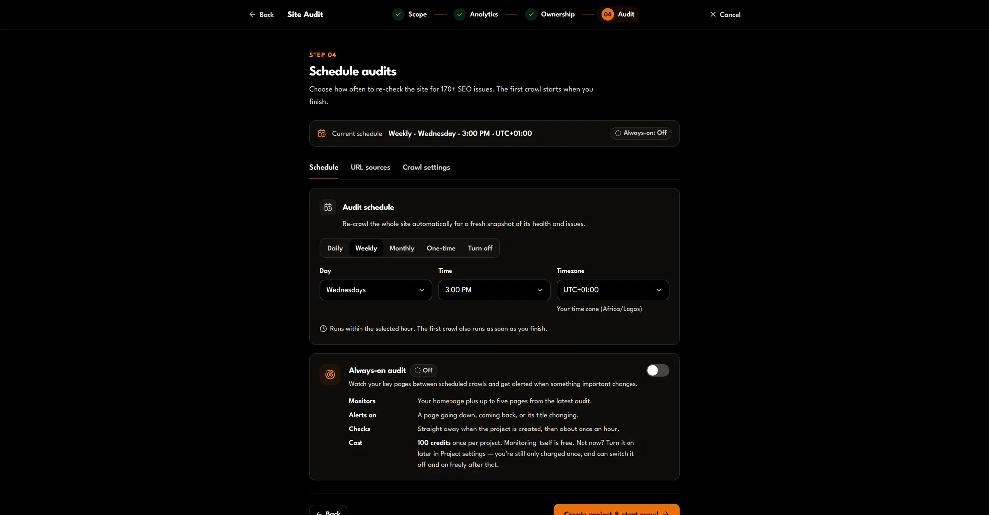 Site Audit setup step 4, Audit: schedule (daily, weekly, monthly, one-time), URL sources and crawl settings, and the Create project & start crawl button.